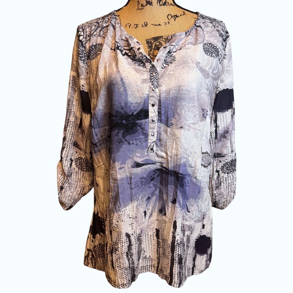 Womens Blue Grey Abstract Paisley Roll Tab Sleeve Henley Tunic Blouse L